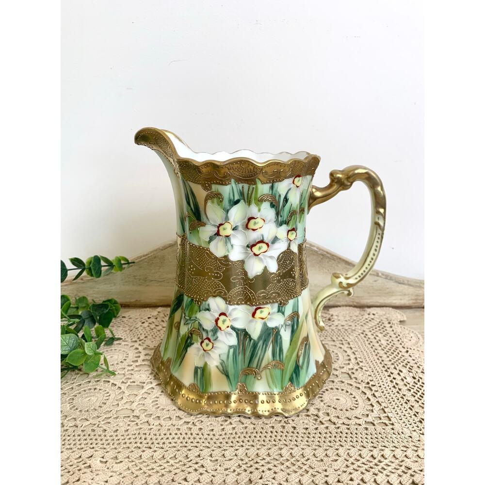 Antique Hand Painted Nippon Porcelain Pitcher Vase Floral Gold Romantic Cottage